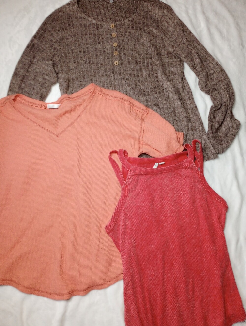 DOKOTOO Waffle Knit Top Lot Solid Pink Coral Brown Henley Tank Top Bundle of 3